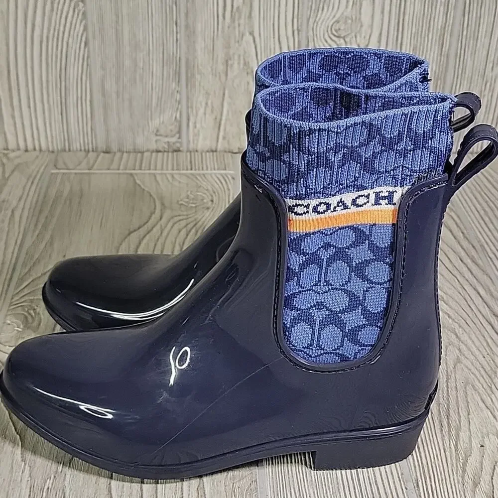 Coach Rivington Logo Navy Blue Rain Boots Womens Size 5 New - Picture 5 of 14
